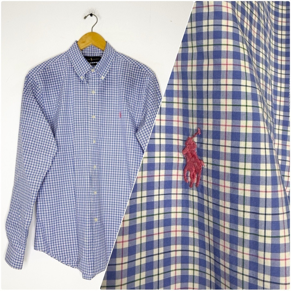 Ralph Lauren Slim Fit Blue Plaid Button Down Shirt Men’s Large